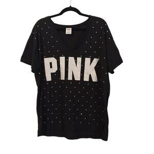PINK Victoria's Secret Black Vneck Rhinestone Pink Graphic Semi Sheer Top Large